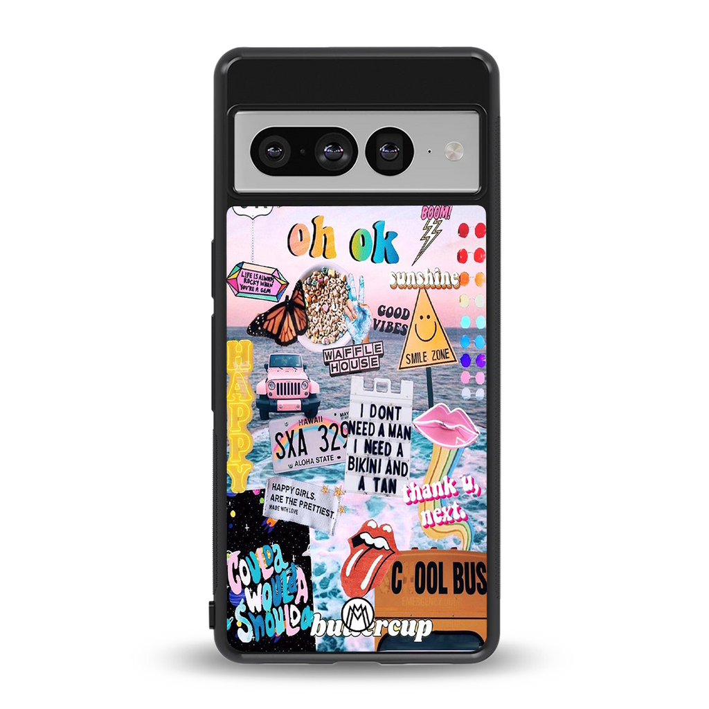 happy sunshine aesthetic collage back phone cover | glass case for google pixel 7 pro