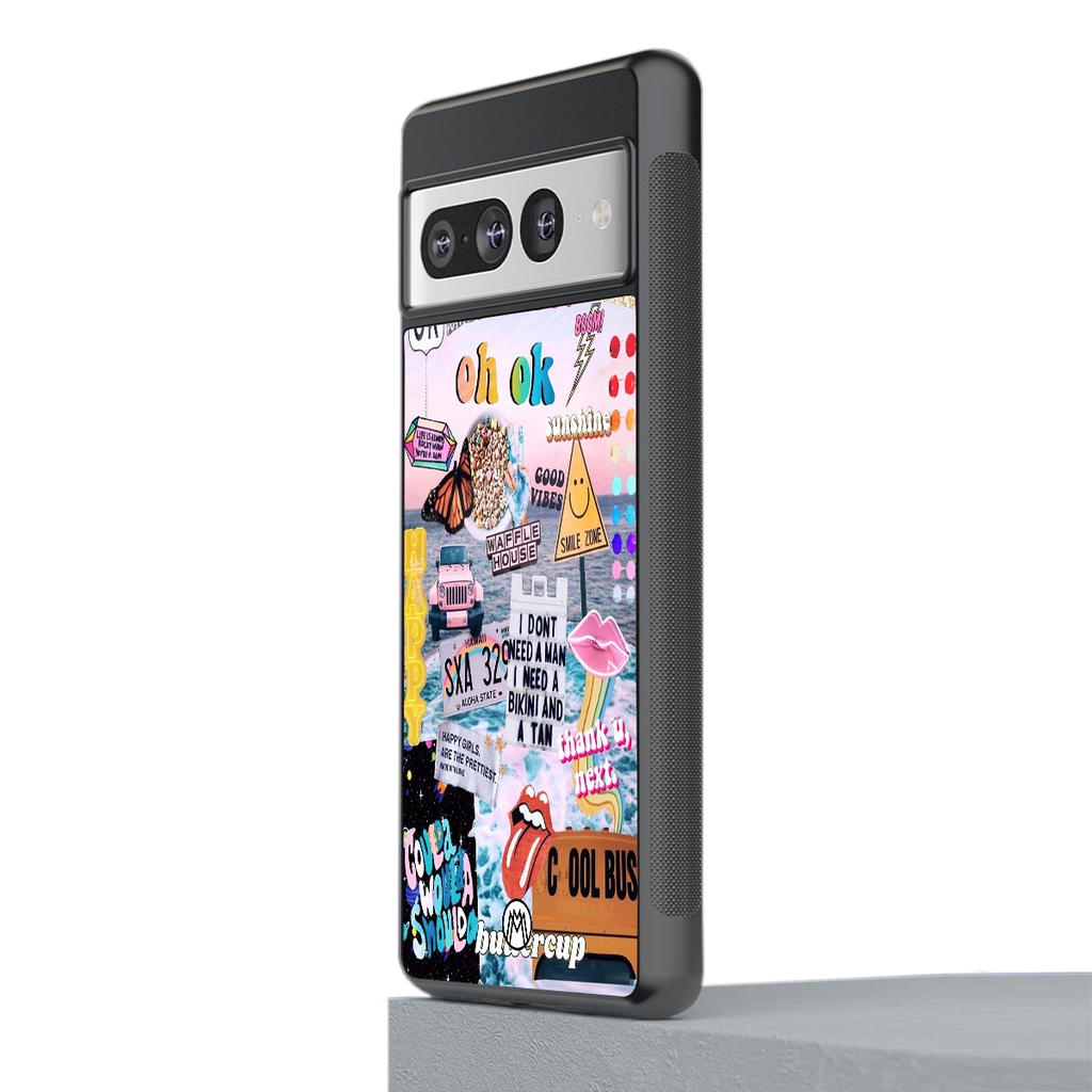 happy sunshine aesthetic collage back phone cover | glass case for google pixel 7 pro