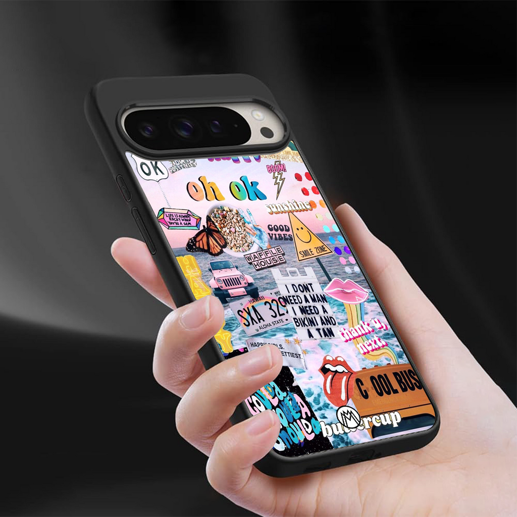 happy sunshine aesthetic collage back phone cover | glass case for google pixel 9 pro xl