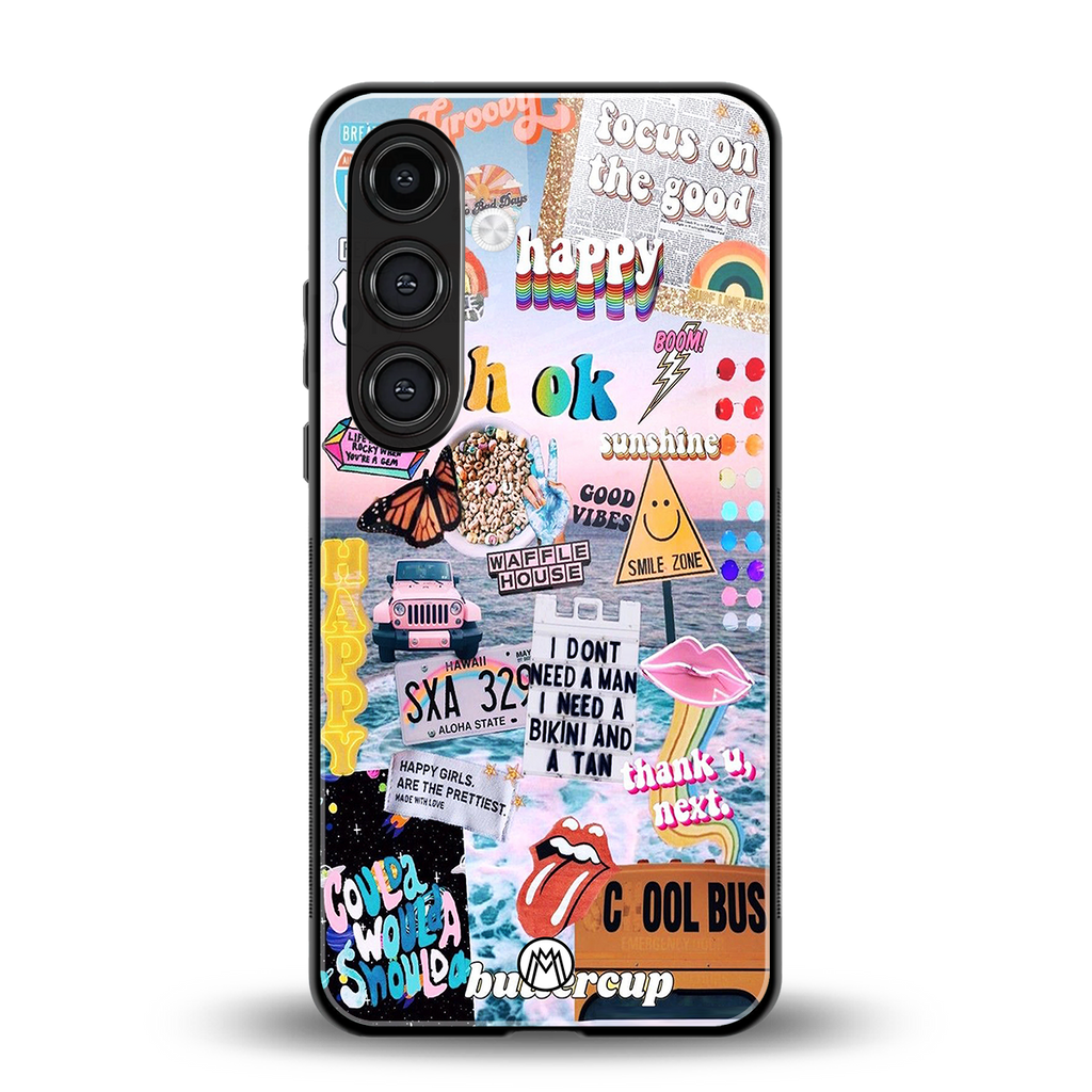 happy sunshine aesthetic collage back phone cover | glass case for samsung galaxy s24 plus