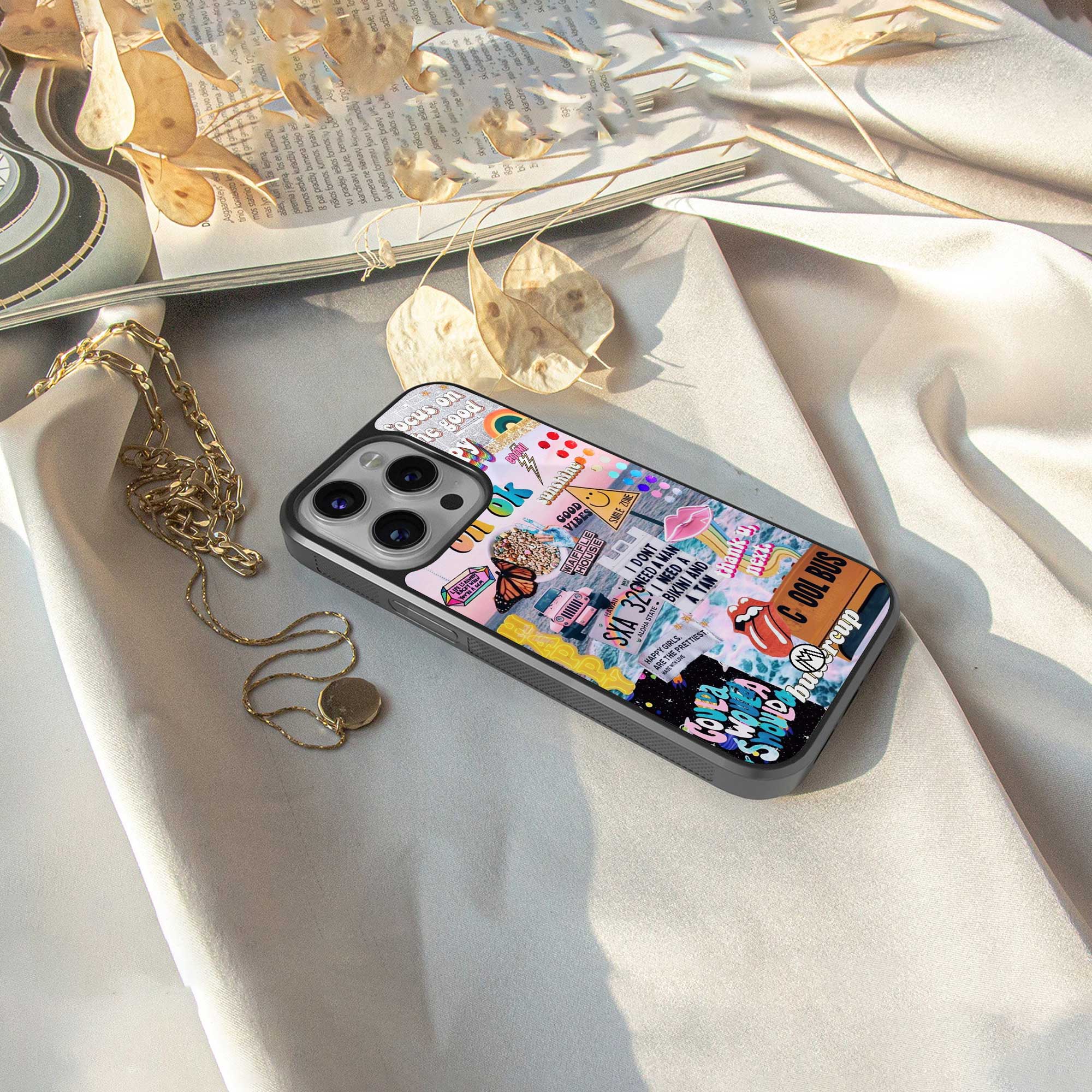 happy sunshine aesthetic collage back phone cover | glass case for iphone 14 pro max