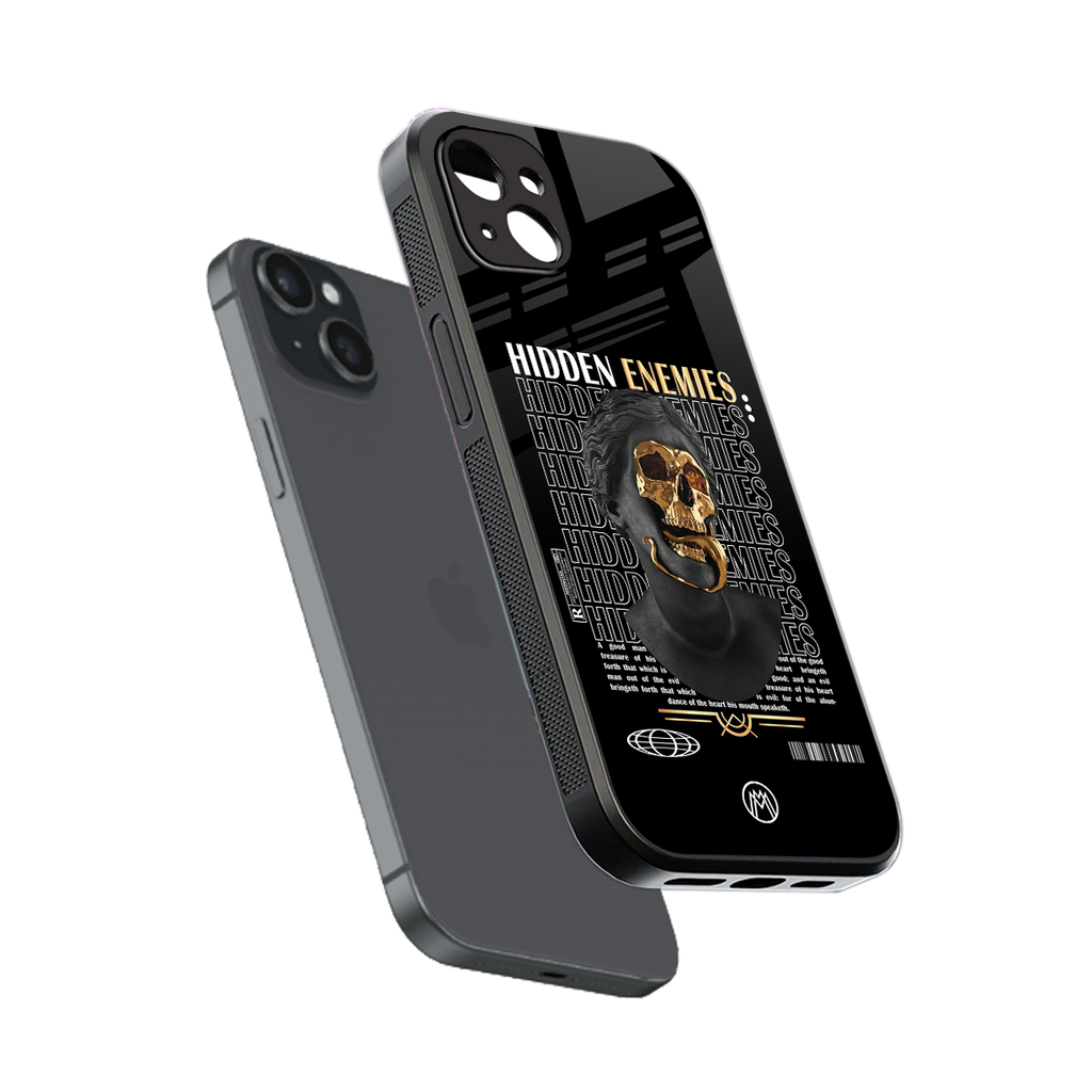 hidden enemies back phone cover | glass case for iphone 15 plus