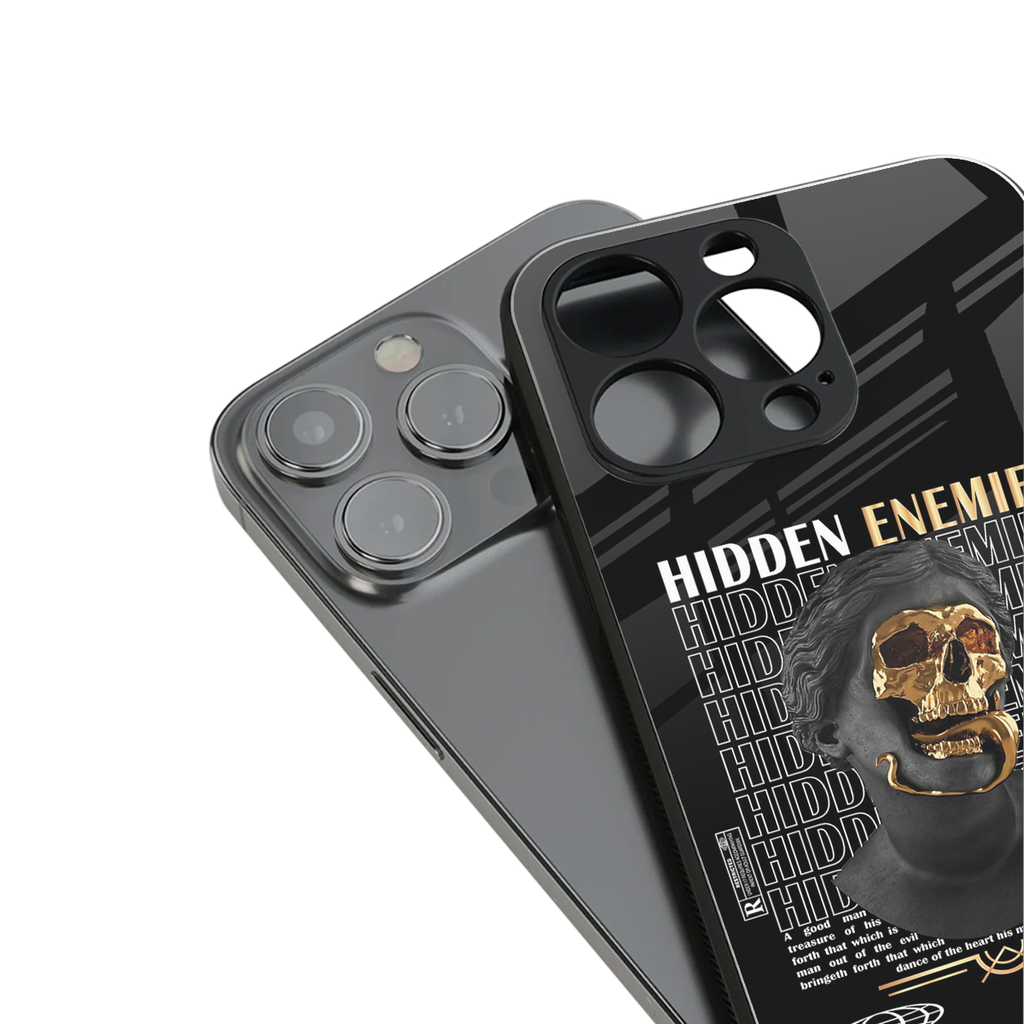 hidden enemies back phone cover | glass case for iphone 14 plus