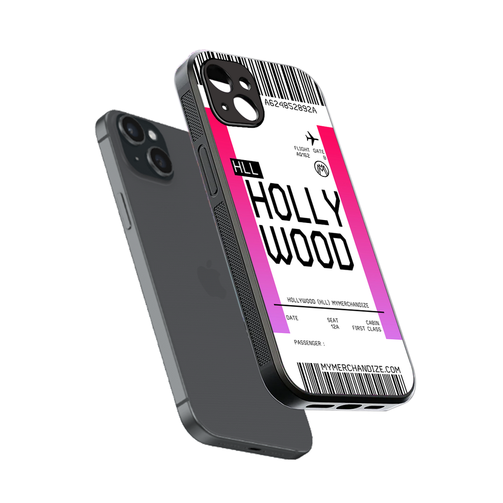 hollywood boarding pass ticket back phone cover | glass case for iphone 15 plus