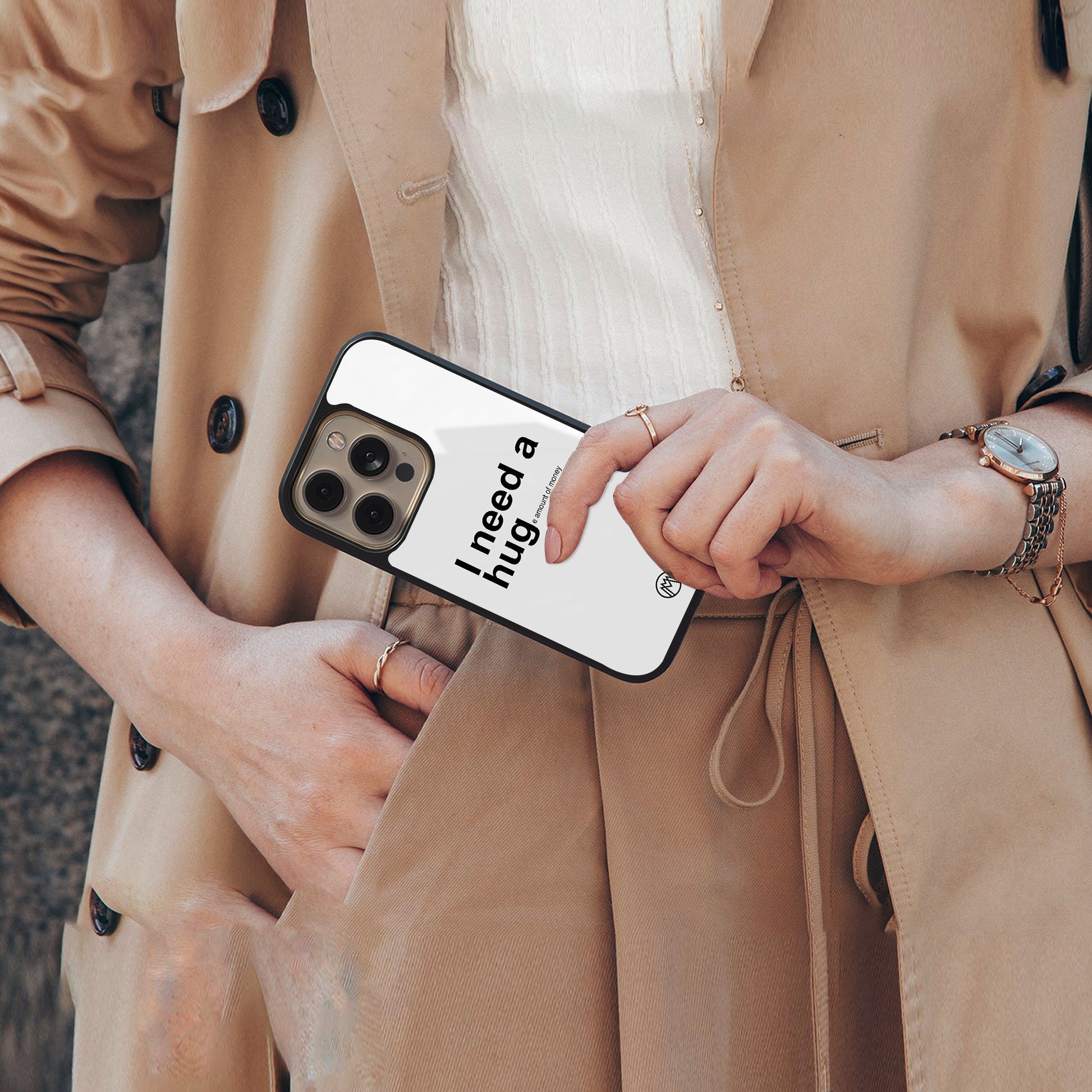 hug me white back phone cover | glass case for iphone 16 pro max