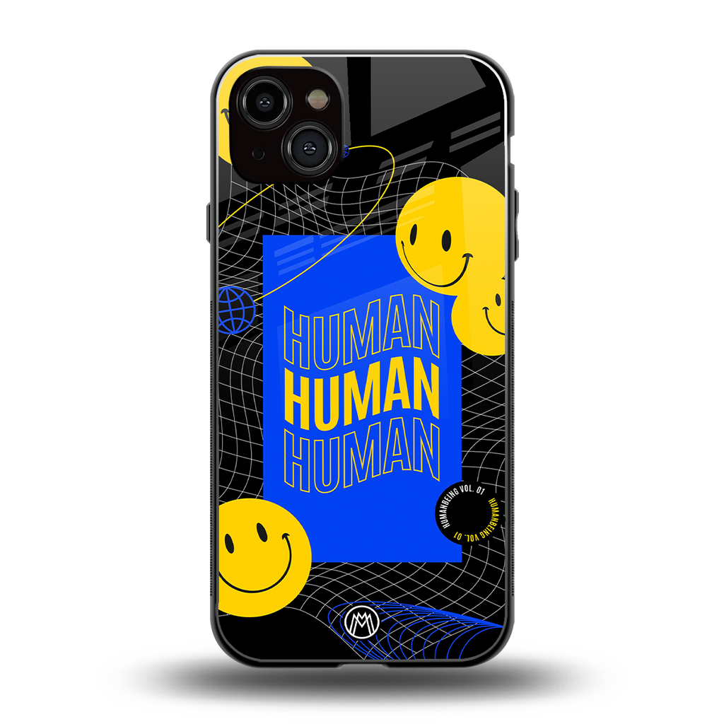 human being back phone cover | glass case for iphone 15 plus