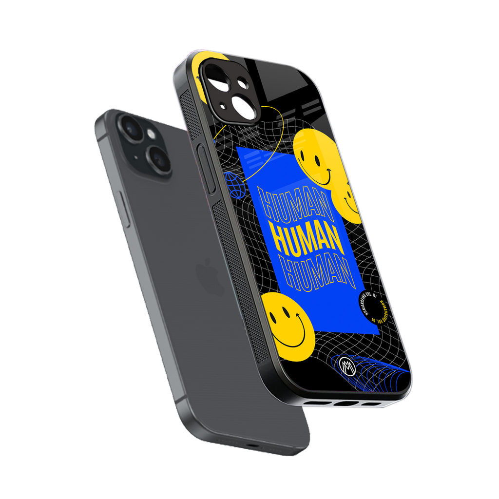 human being back phone cover | glass case for iphone 15 plus