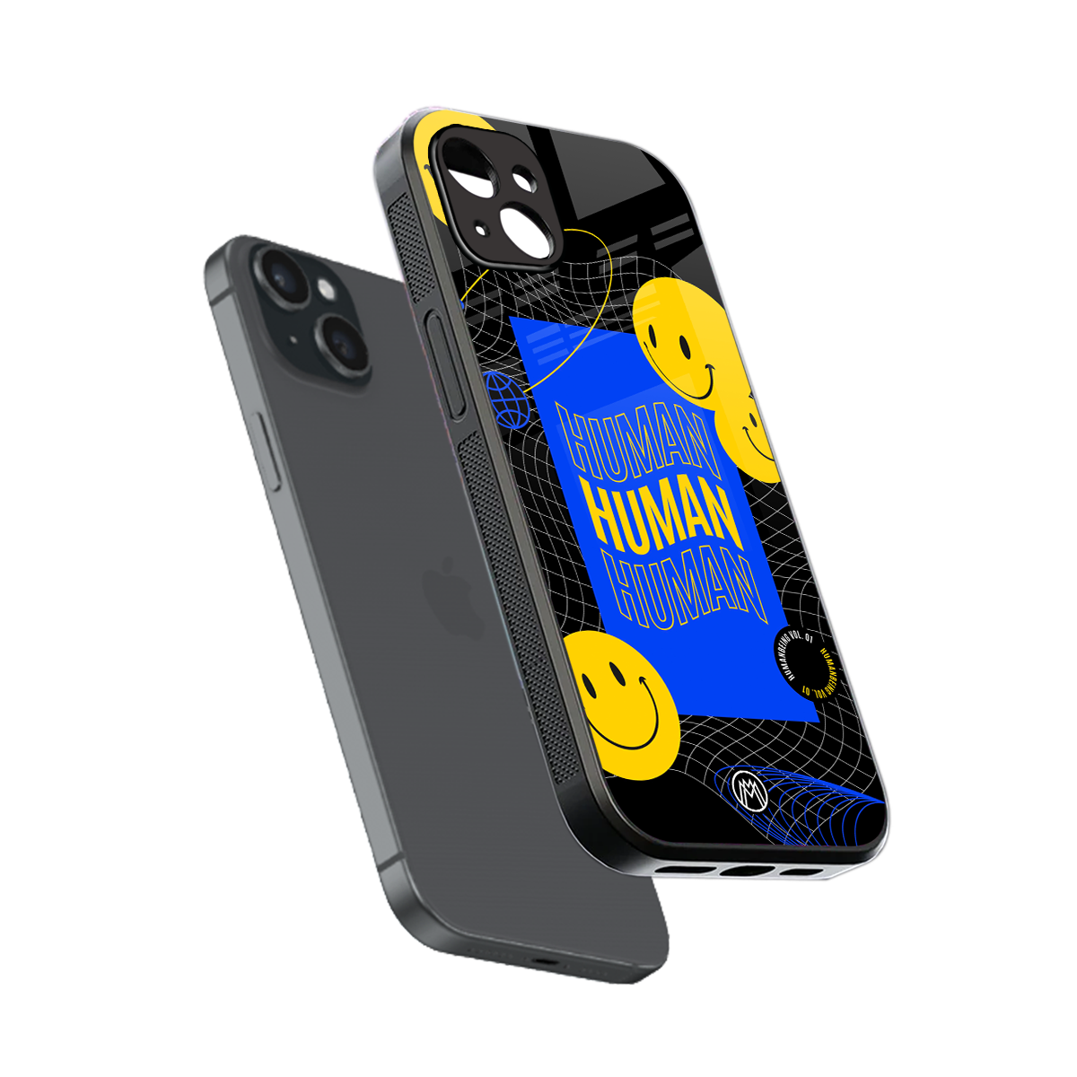 human being back phone cover | glass case for iphone 15 plus
