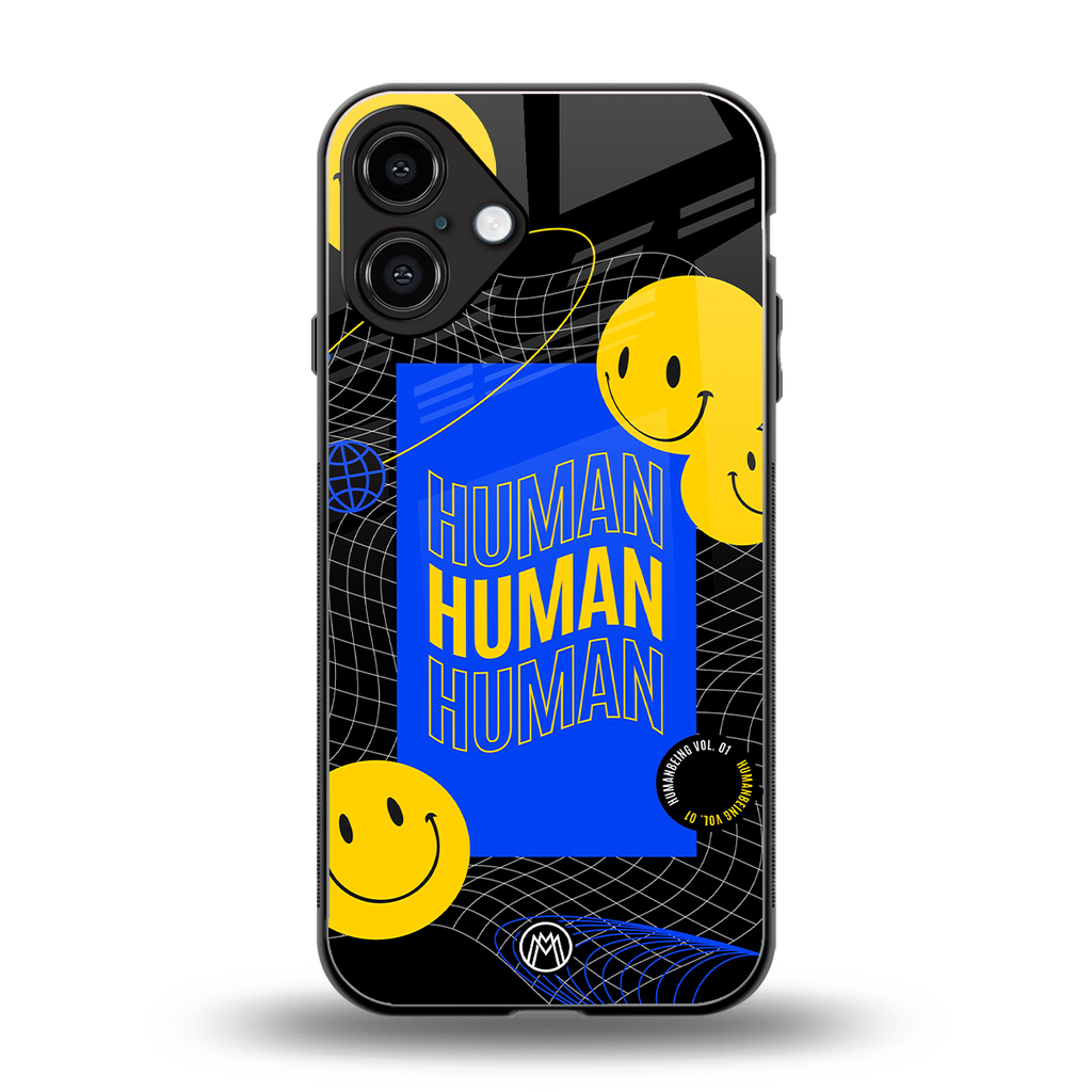 human being back phone cover | glass case for iphone 16 plus