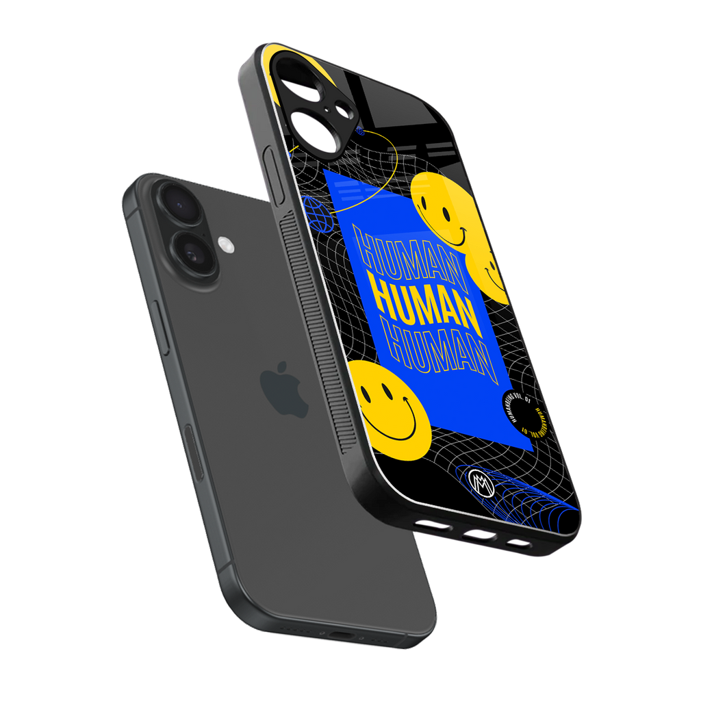 human being back phone cover | glass case for iphone 16 plus