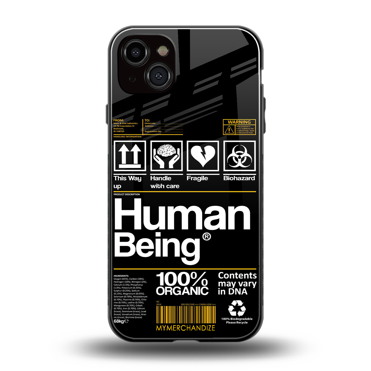 human being label back phone cover | glass case for iphone 15 plus