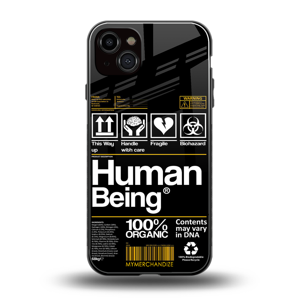 human being label back phone cover | glass case for iphone 14 plus