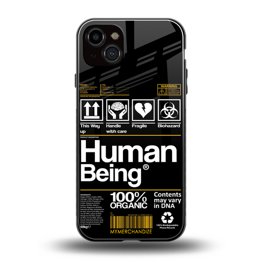 human being label back phone cover | glass case for iphone 14 plus
