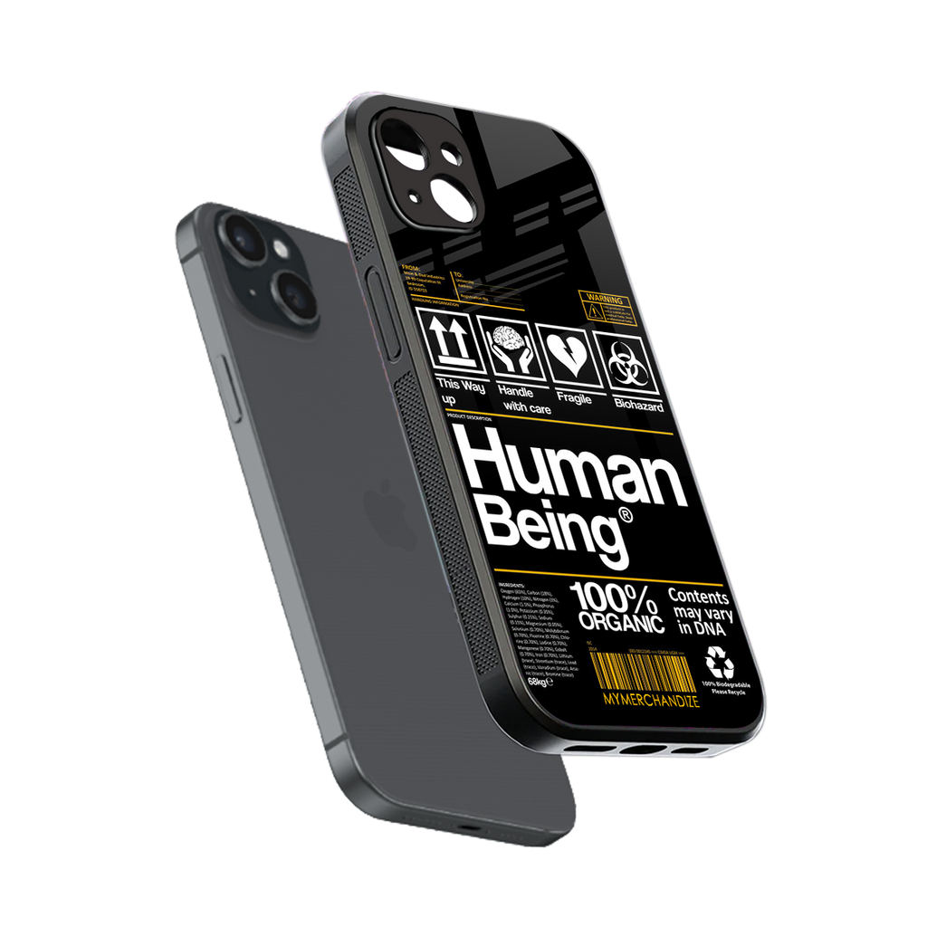 human being label back phone cover | glass case for iphone 15 plus