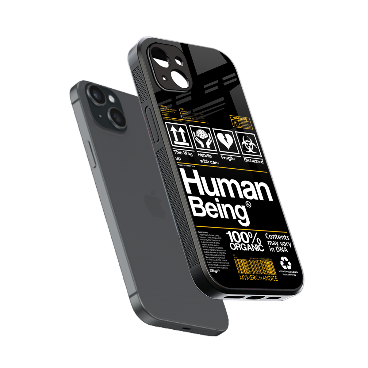 human being label back phone cover | glass case for iphone 15 plus