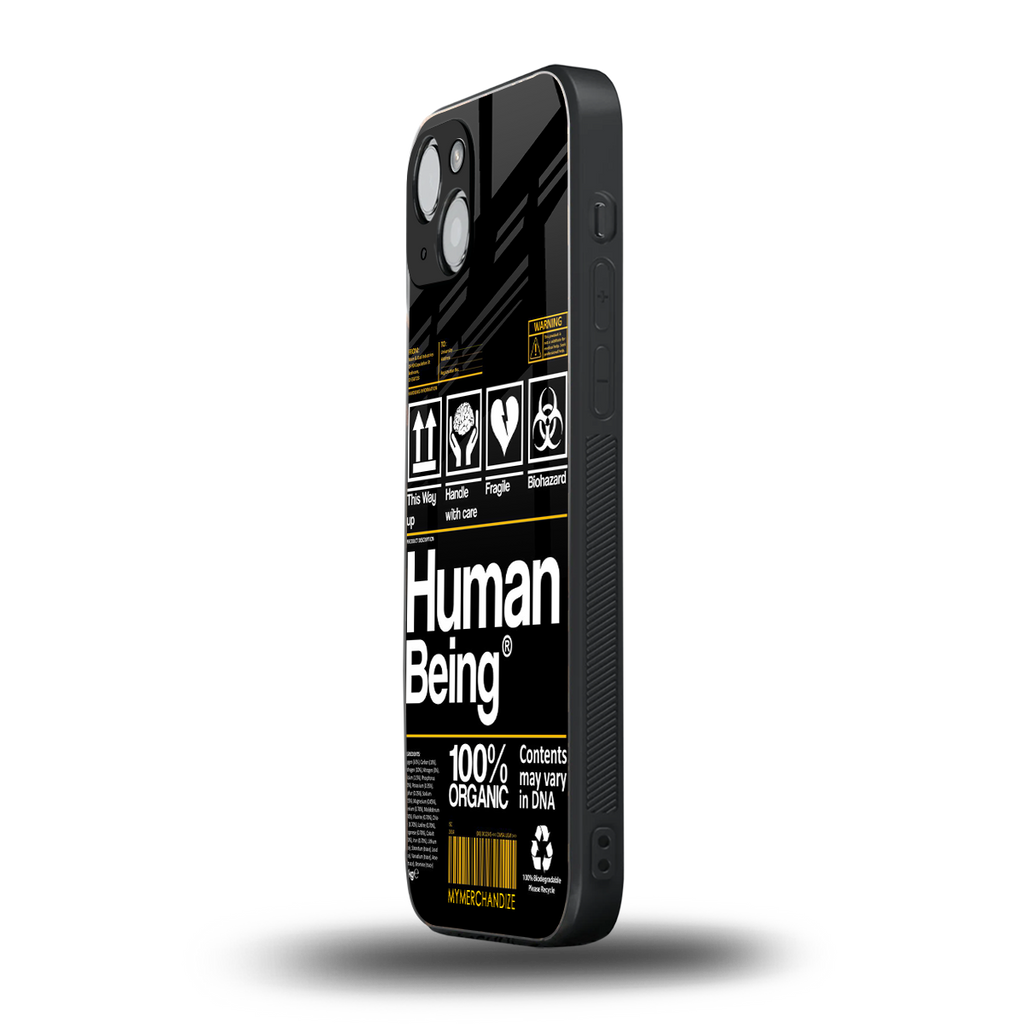 human being label back phone cover | glass case for iphone 14 plus