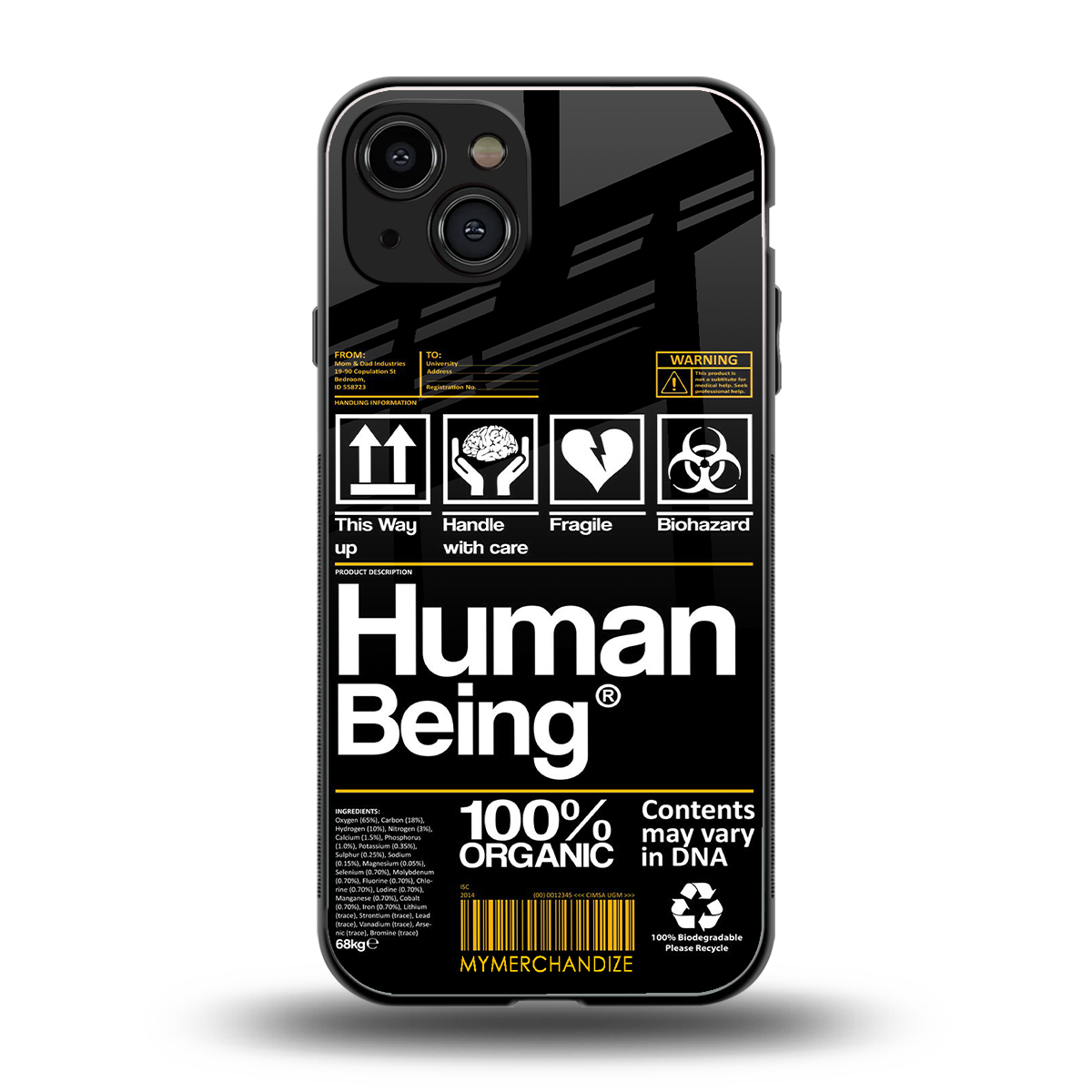 human being label back phone cover | glass case for iphone 15