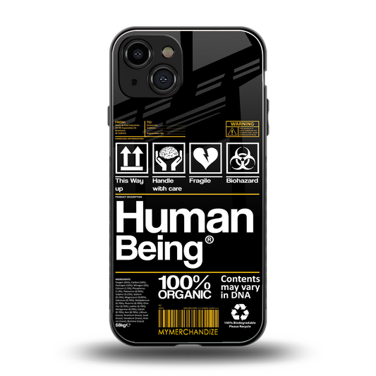 human being label back phone cover | glass case for iphone 15