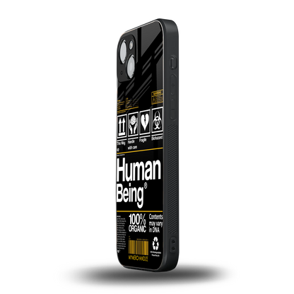 human being label back phone cover | glass case for iphone 15