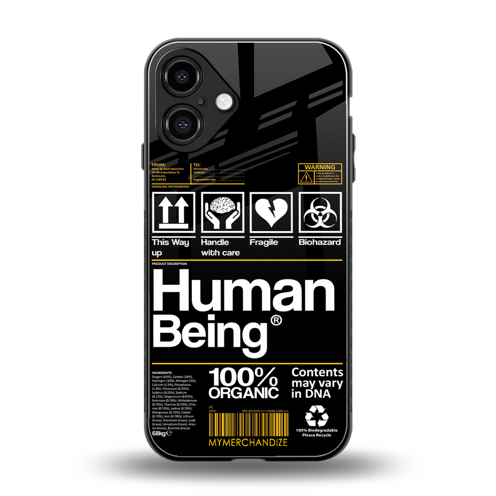 human being label back phone cover | glass case for iphone 16 plus