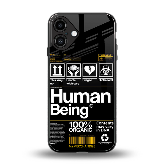 human being label back phone cover | glass case for iphone 16 plus