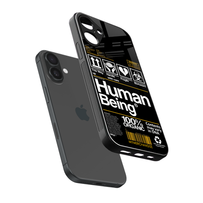 human being label back phone cover | glass case for iphone 16 plus