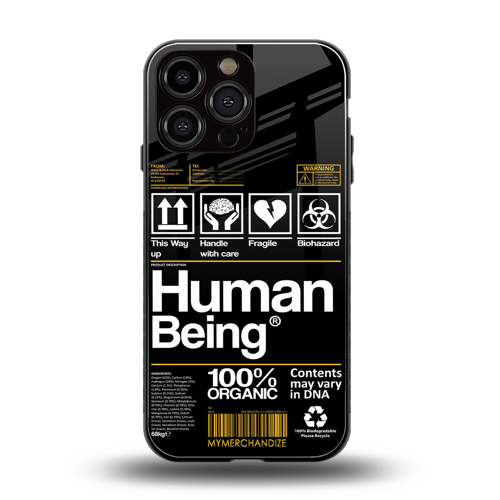 human being label back phone cover | glass case for iphone 16 pro max