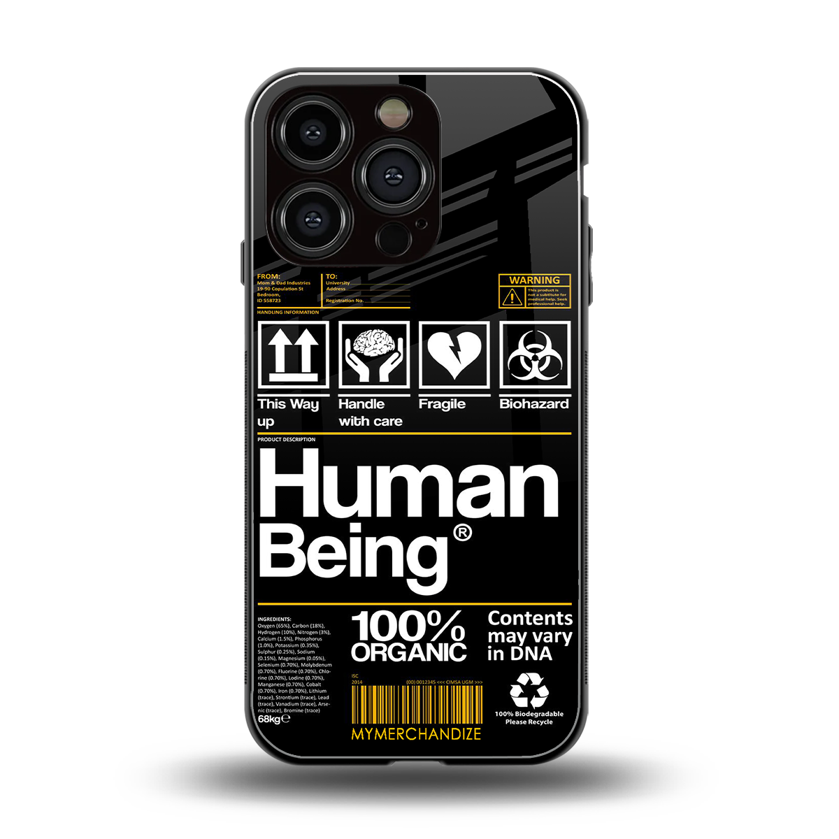 human being label back phone cover | glass case for iphone 16 pro