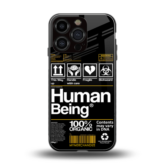human being label back phone cover | glass case for iphone 16 pro