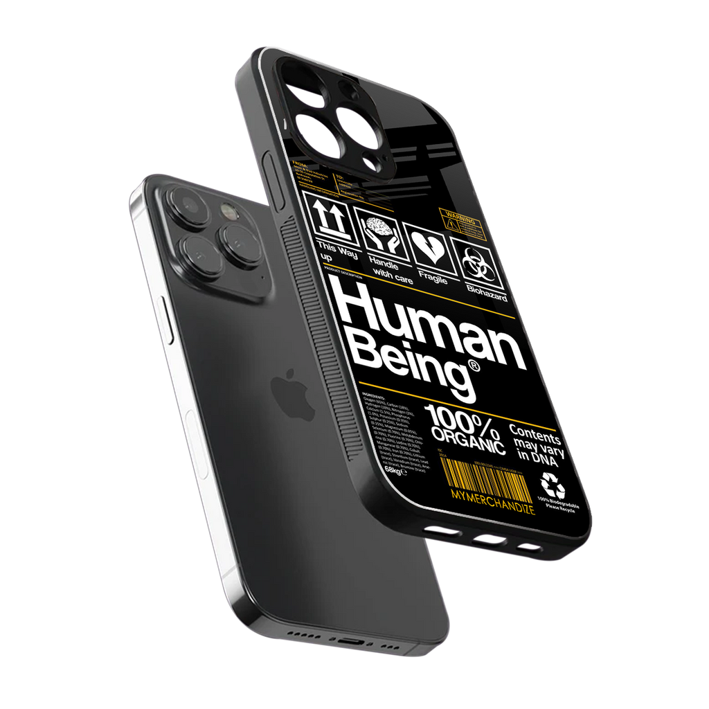 human being label back phone cover | glass case for iphone 16 pro