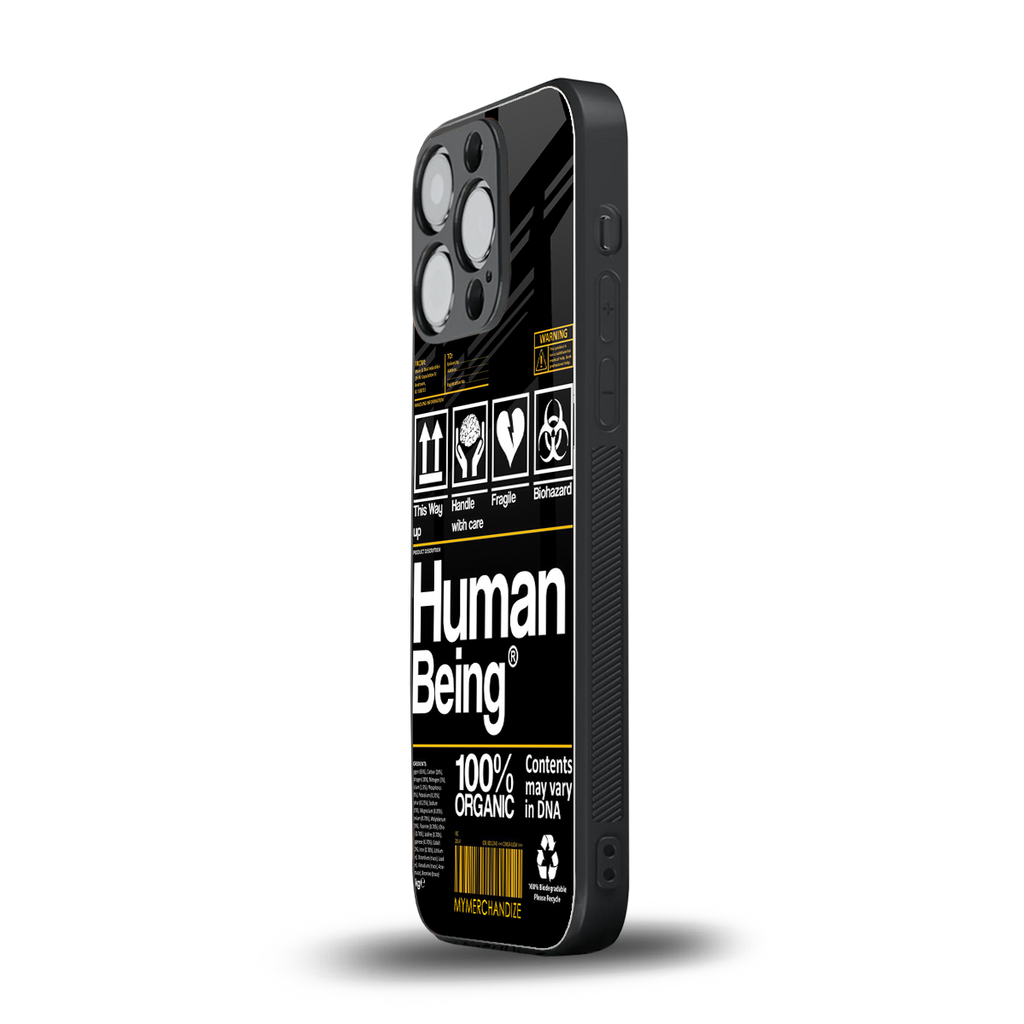 human being label back phone cover | glass case for iphone 16 pro