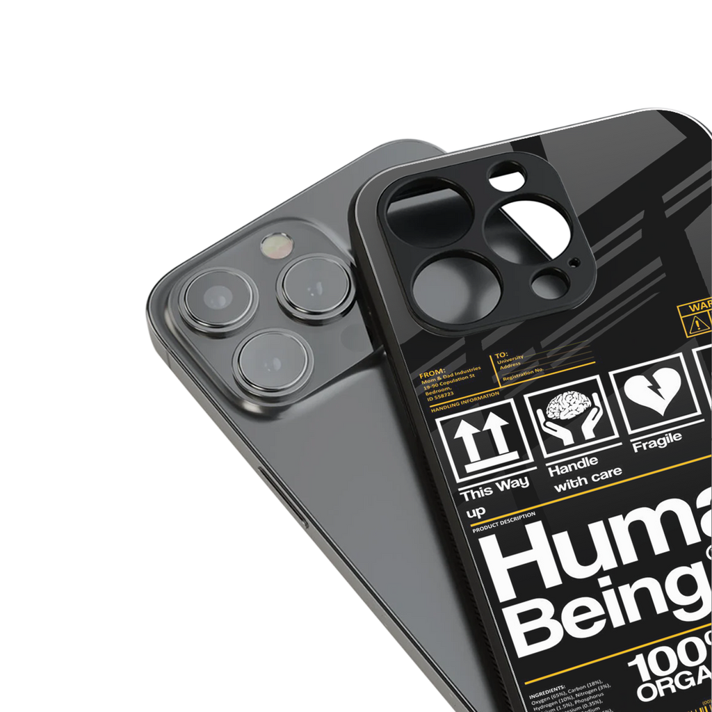 human being label back phone cover | glass case for iphone 16 pro