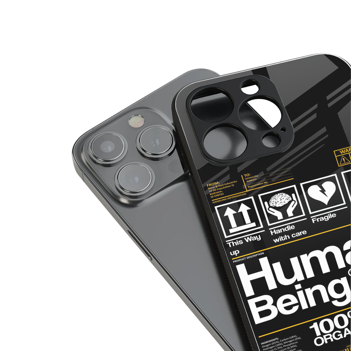 human being label back phone cover | glass case for iphone 16 pro