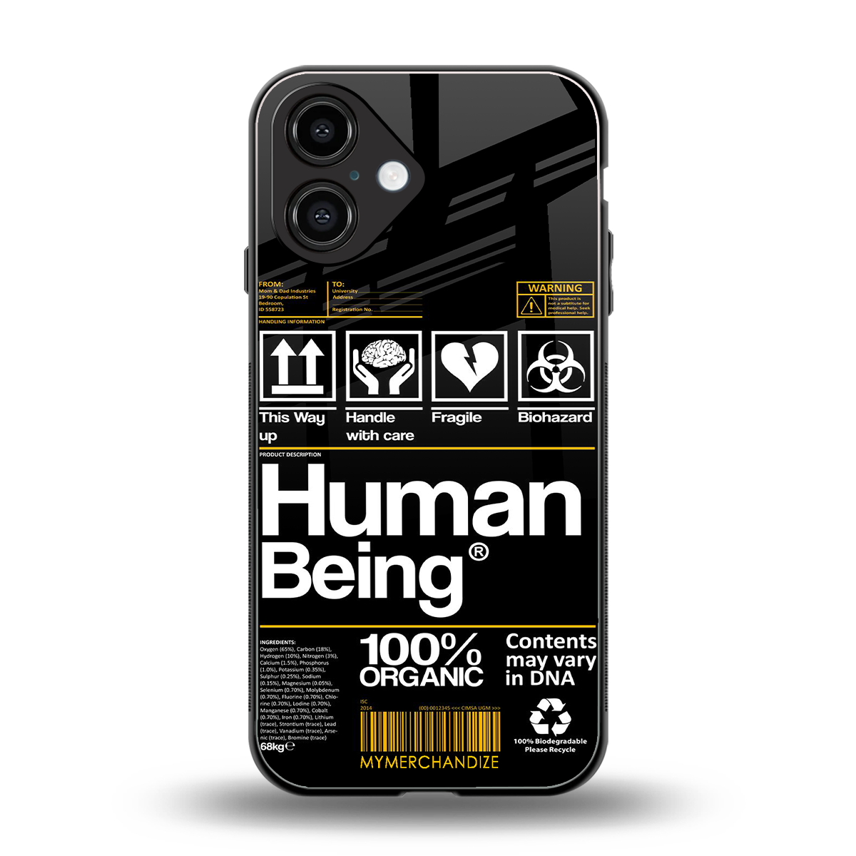human being label back phone cover | glass case for iphone 16