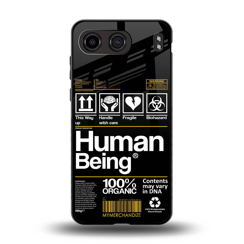 human being label back phone cover | glass case for oneplus nord 4