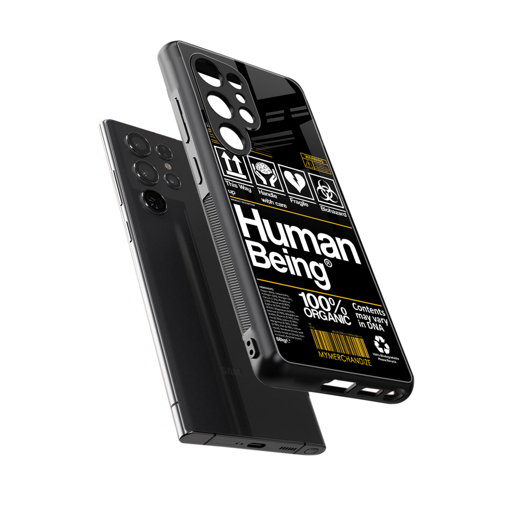 human being label back phone cover | glass case for samsung galaxy s25 ultra