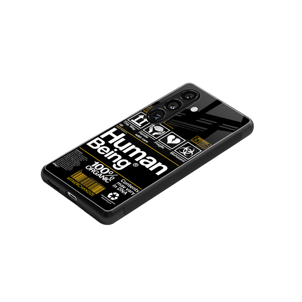 human being label back phone cover | glass case for samsung galaxy s23 plus