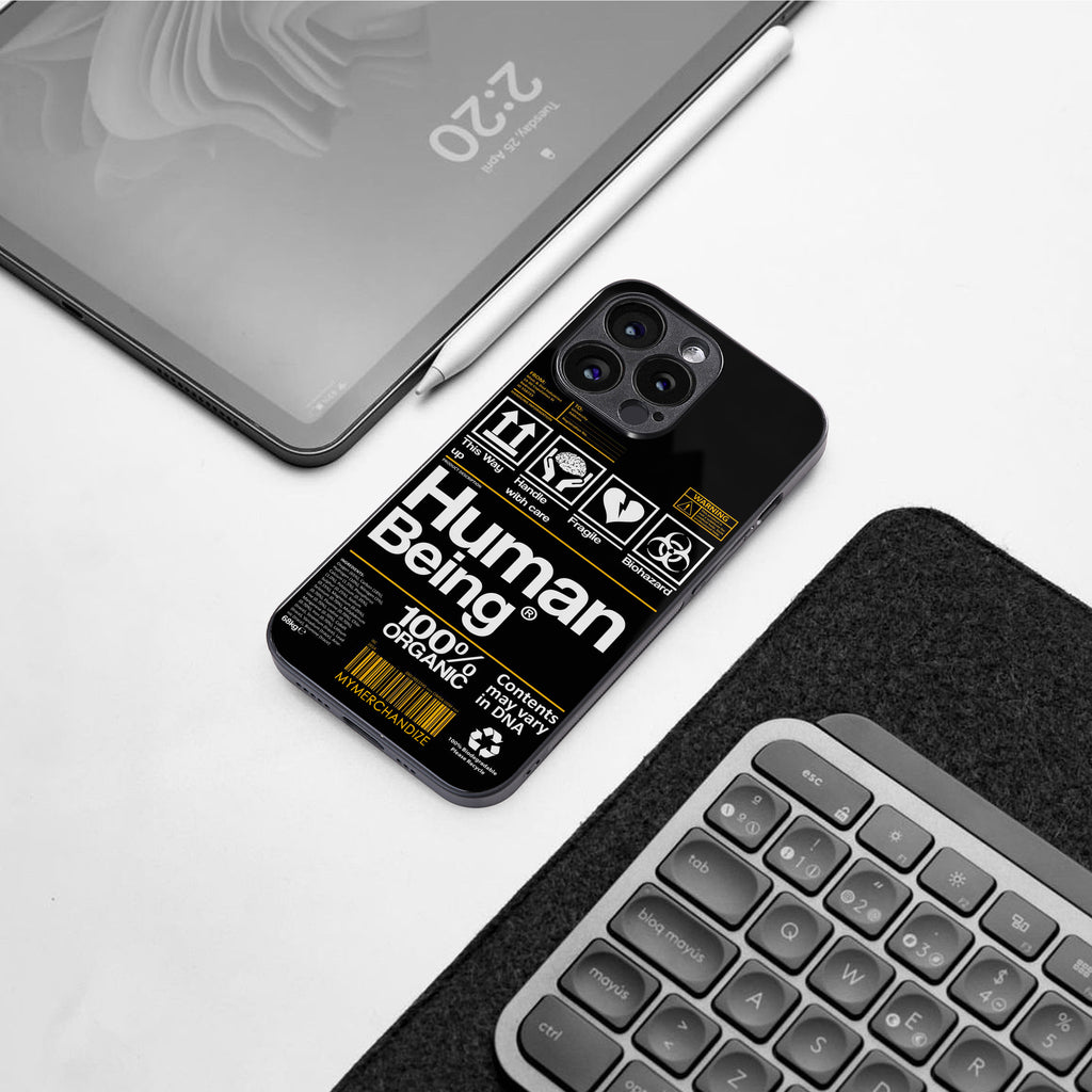 human being label back phone cover | glass case for iphone 16 pro