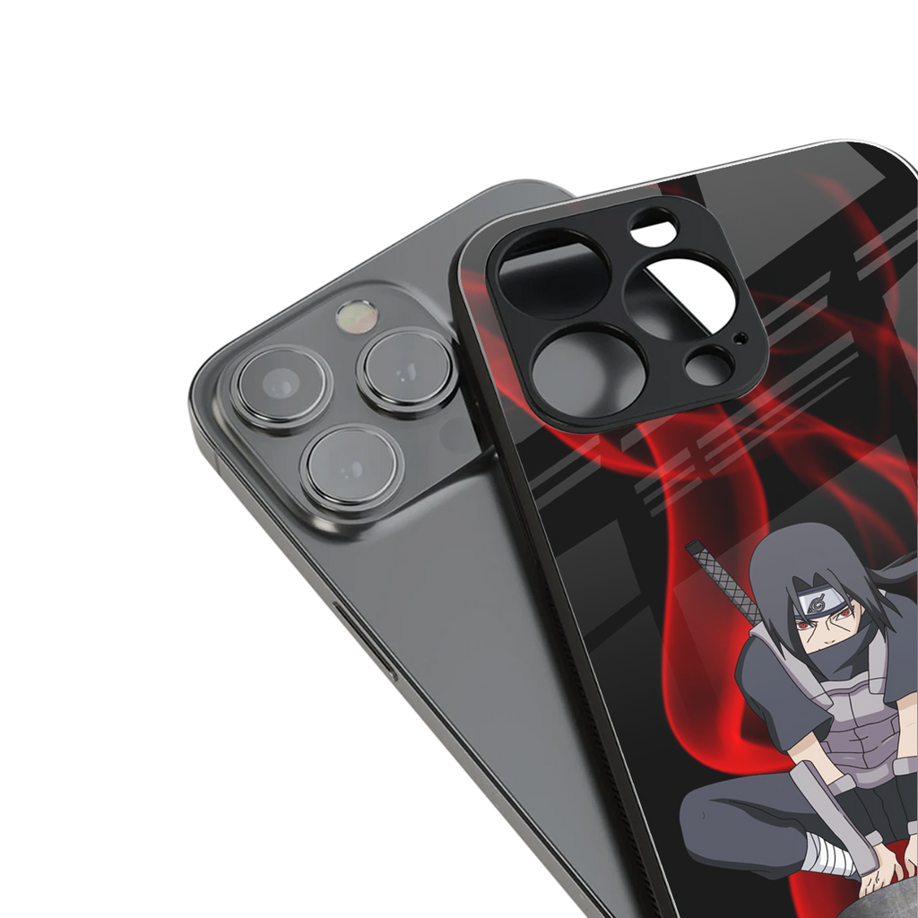 itachi uchiha back phone cover | glass case for iphone 15 plus