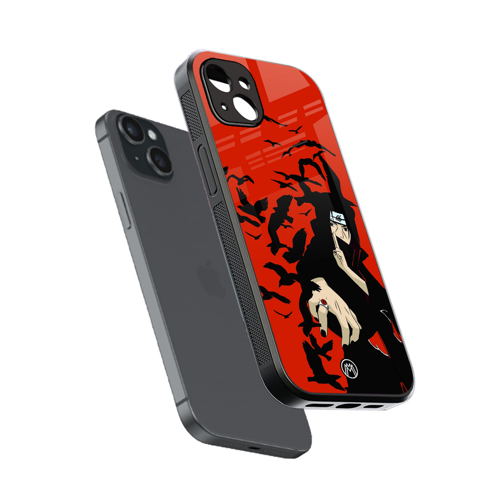 itachi uchiha red back phone cover | glass case for iphone 15 plus