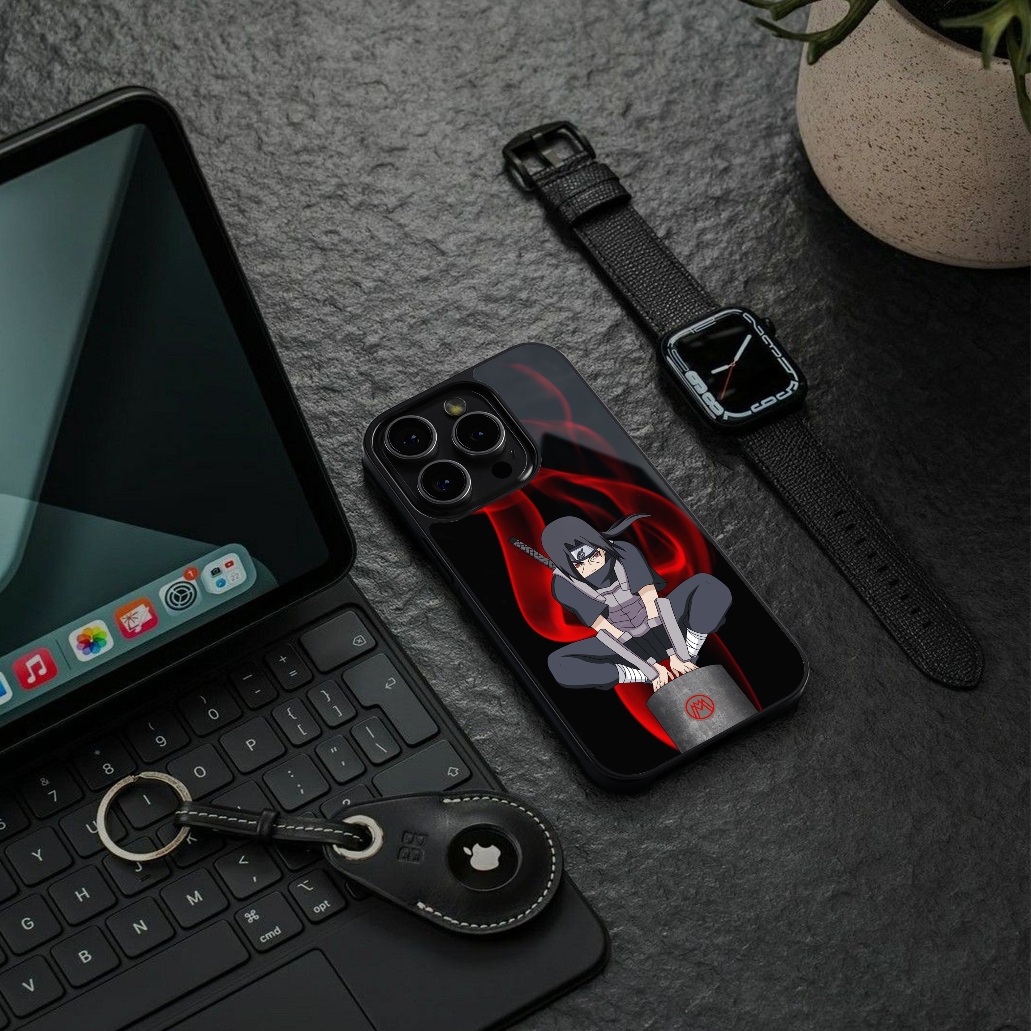 itachi uchiha back phone cover | glass case for iphone 16 plus