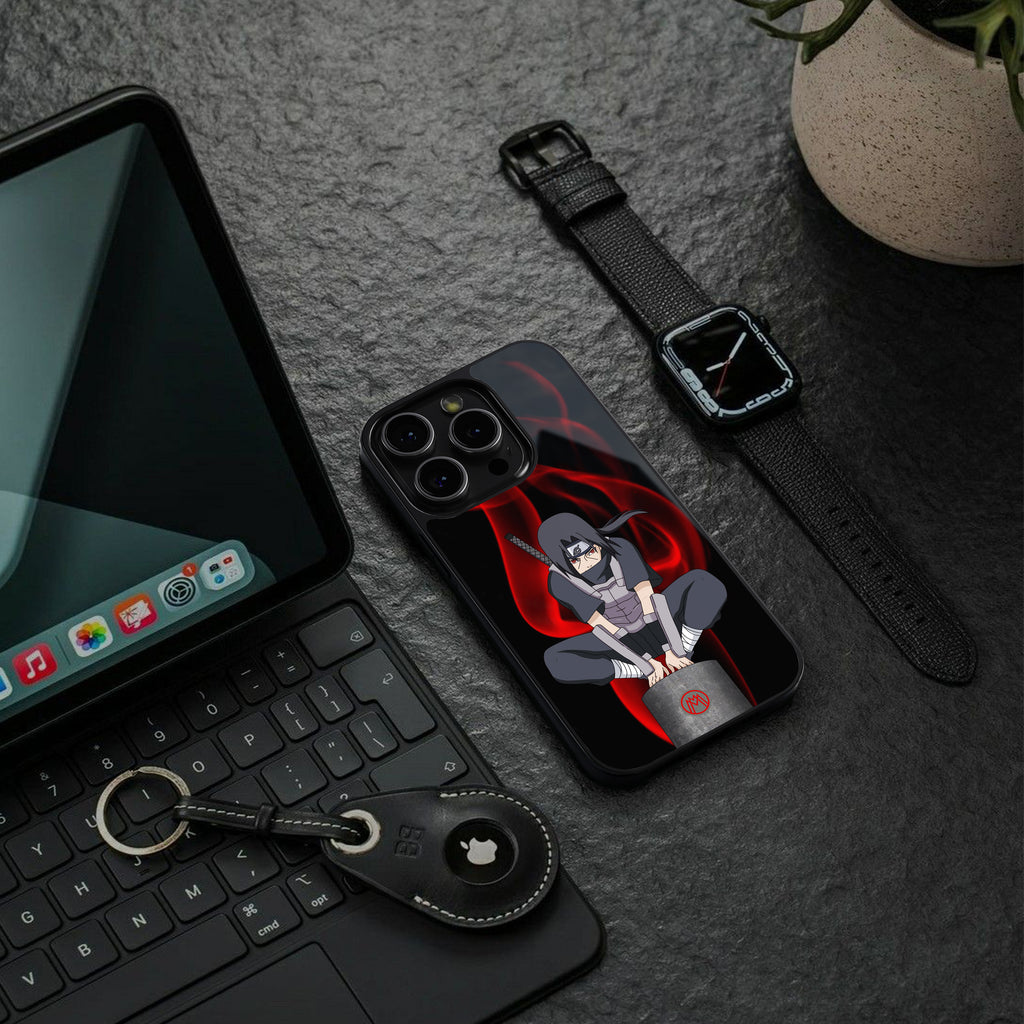 itachi uchiha back phone cover | glass case for iphone 15 plus