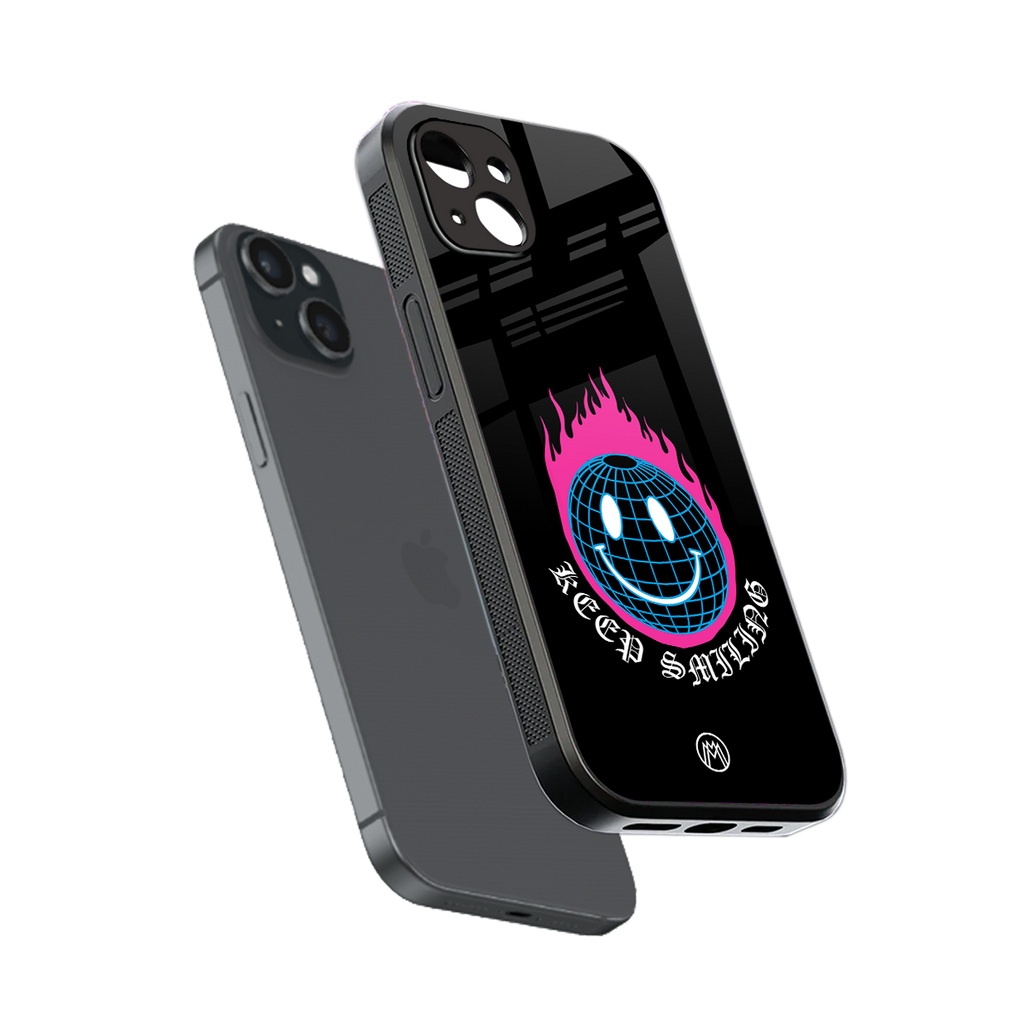 keep smiling back phone cover | glass case for iphone 15 plus