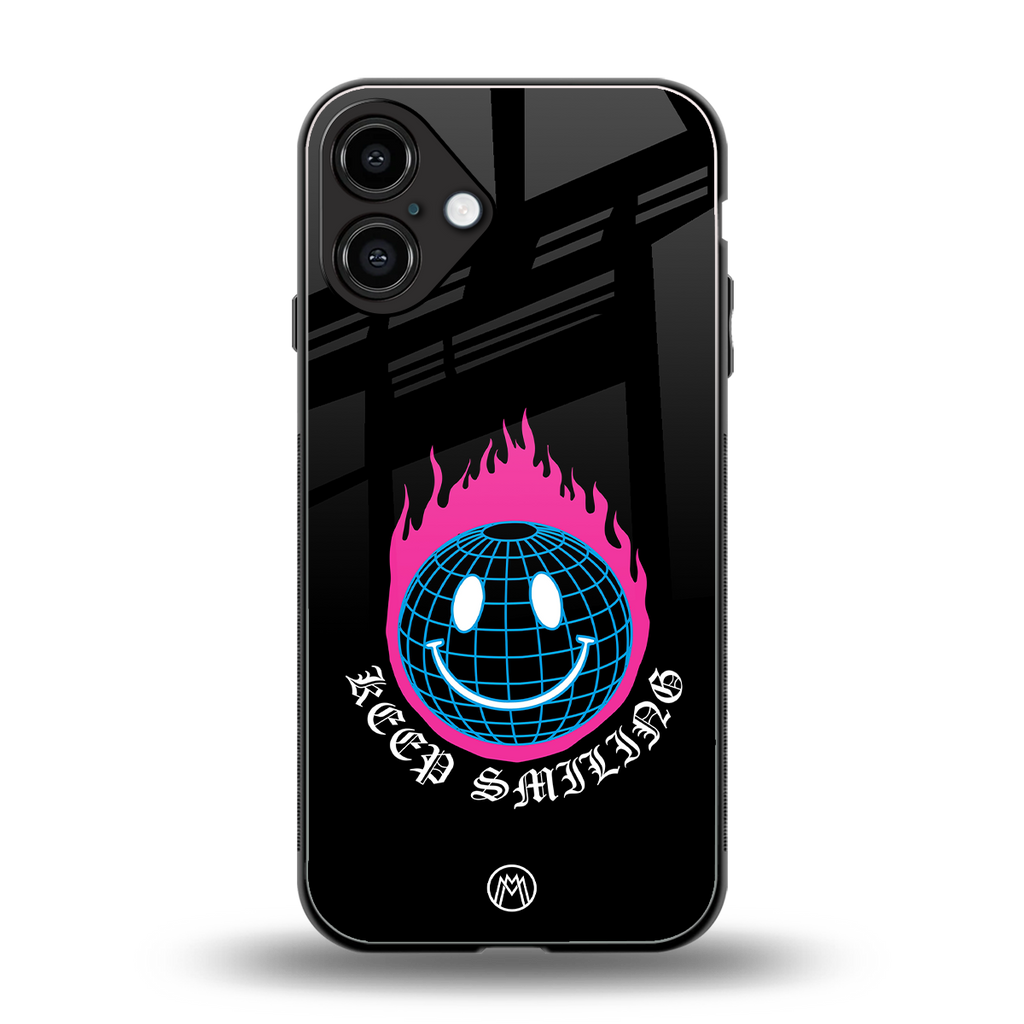 keep smiling back phone cover | glass case for iphone 16 plus