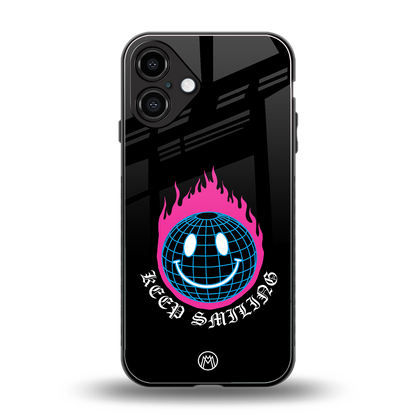 keep smiling back phone cover | glass case for iphone 16 plus