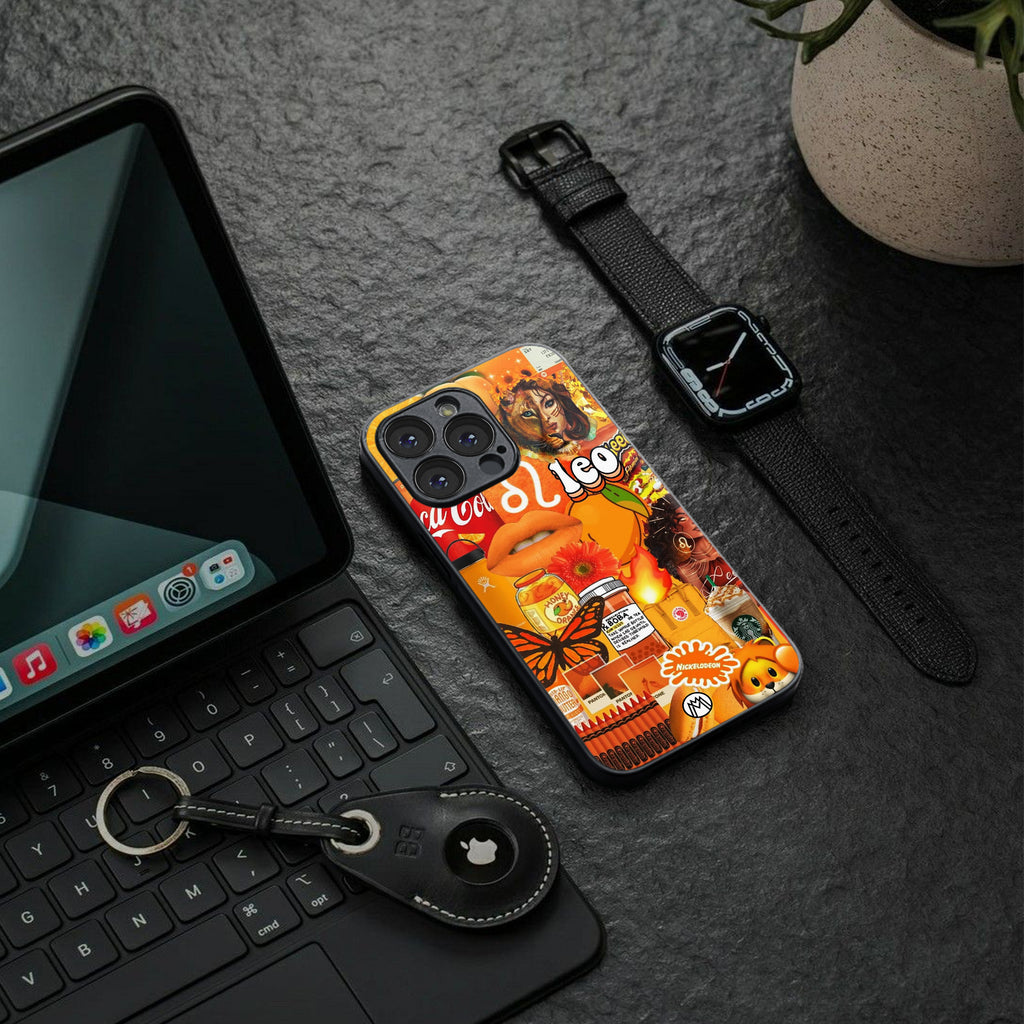 leo aesthetic collage back phone cover | glass case for iphone 15 pro