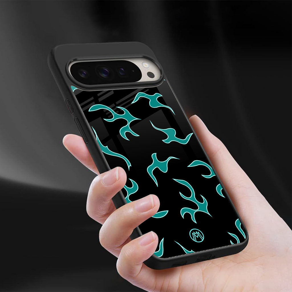 lil blue flames back phone cover | glass case for google pixel 9 pro xl