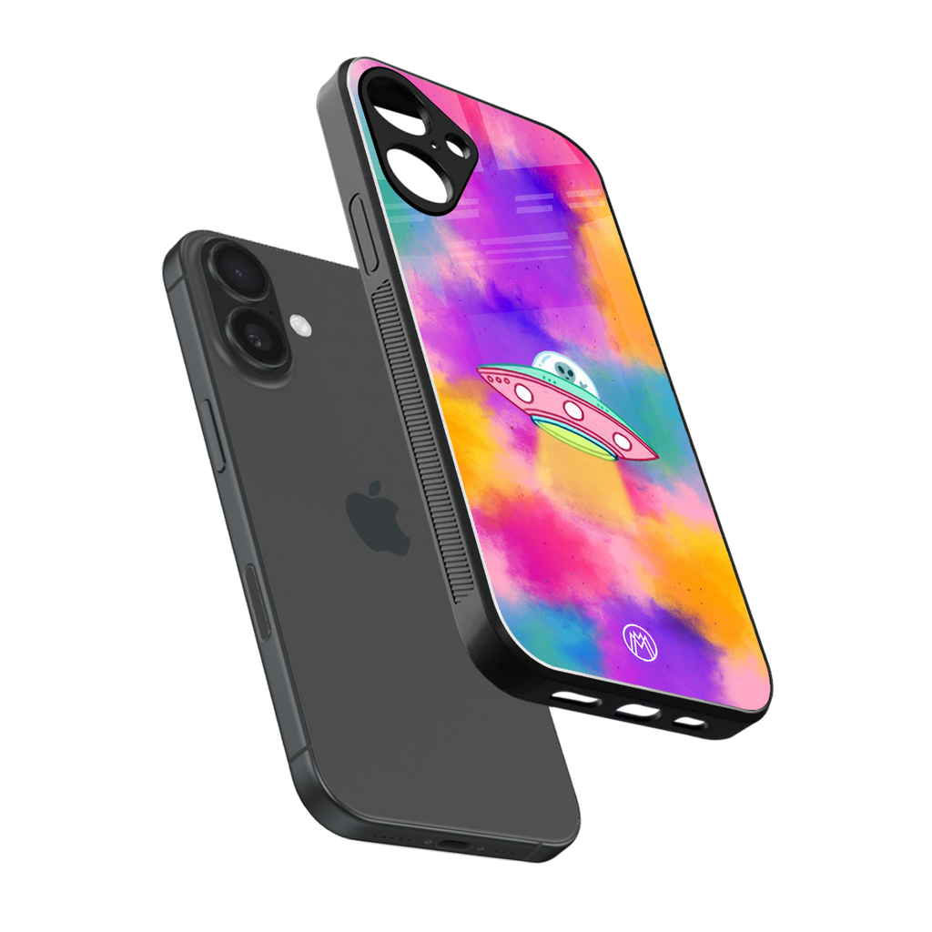 lil colourful alien back phone cover | glass case for iphone 16 plus