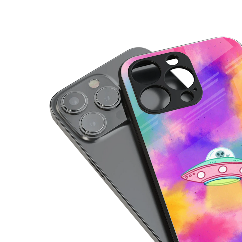 lil colourful alien back phone cover | glass case for iphone 16 plus