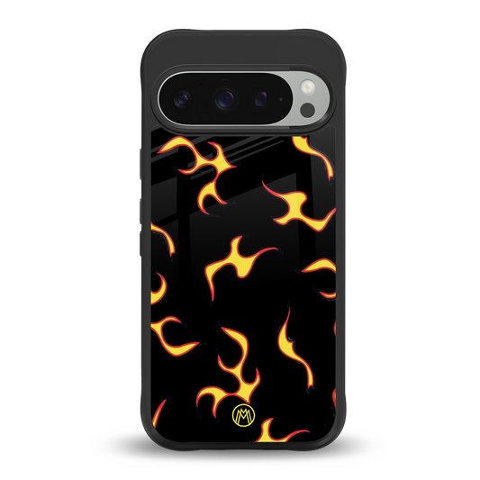 lil flames on black back phone cover | glass case for google pixel 9 pro xl